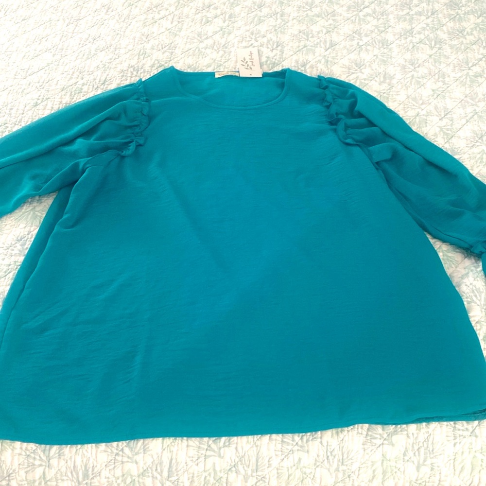 Woman’s teal Ruffled long sleeve pullover top